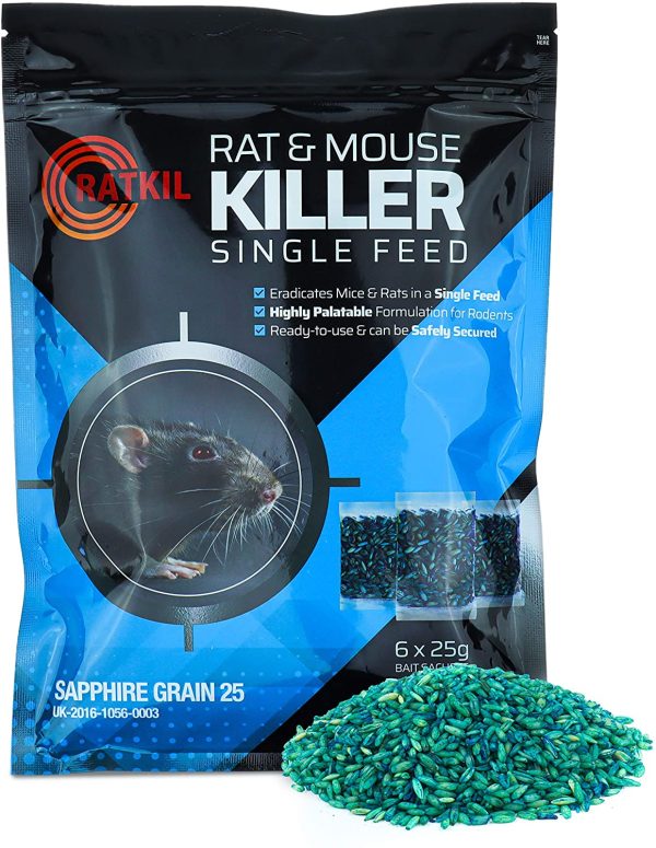 Ratkil Rat Poison (6 x25g) Rat Bait & Mouse Poison Grain - Strongest Maximum Strength Rodent Killer - Fast Acting, All Weather, Single Feed Bait Sachets