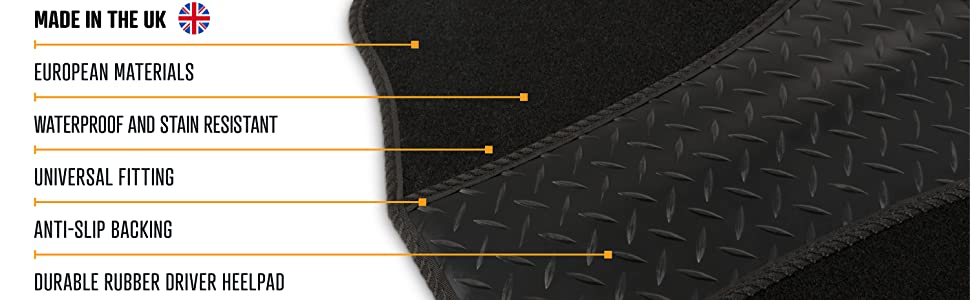 Made in the UK, EU materials, waterproof/stain resistant, anti-slip, durable rubber heel pad