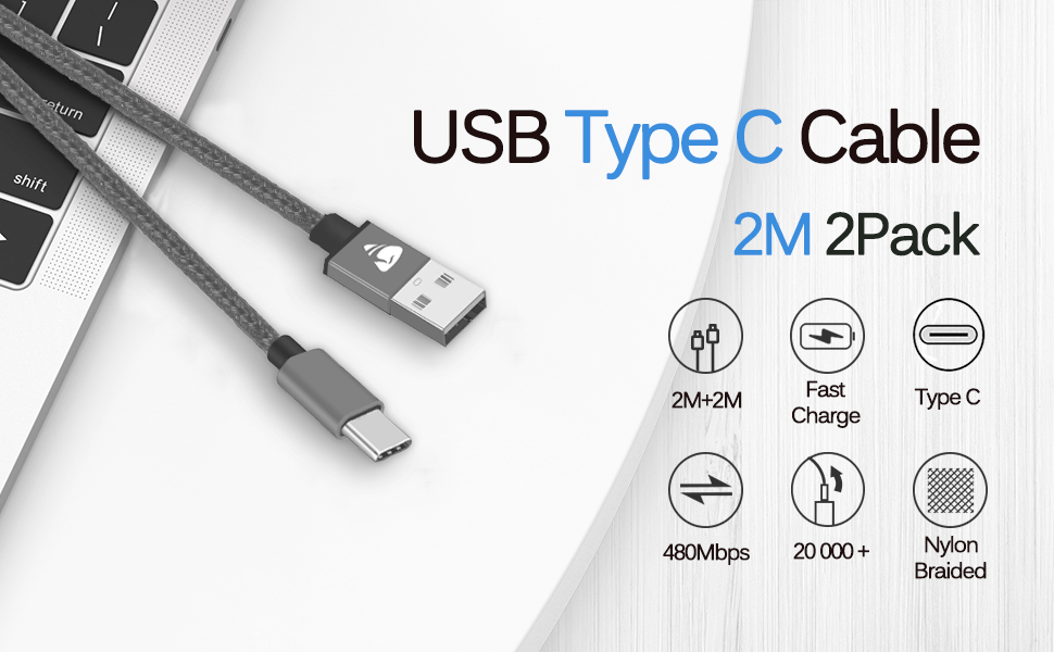 USB C Charger Cable 2M 2Pack Type C Charger Fast Charging 3A Lead Nylon Braided for Samsung Galaxy