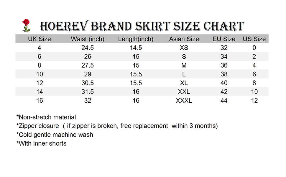 Skirt size chart