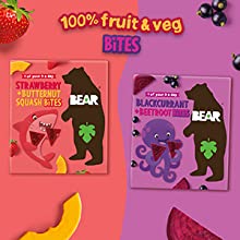 BEAR Bites fruit snacks strawberry and butternut, blackcurrant and beetroot
