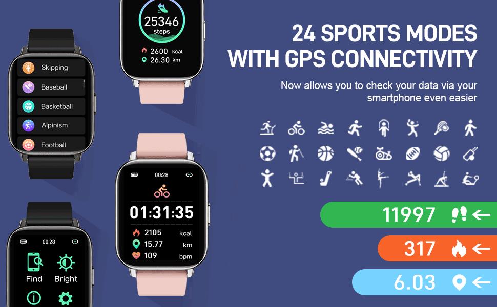 Fitness tracker watch has 24 sports modes.