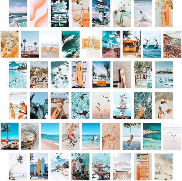 BeYumi 50PCS Blue Aesthetic Picture for Wall Collage, 50 Set 4x6 inch, Summer Beach Collage Print Kit, Fashion Room Decor for Girls, Room Wall Art Print, Dorm Photo Display, VSCO Posters for Bedroom