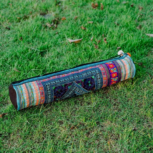 Cherr Handmade Yoga Mat Bag, Hmong Embroidered Yoga Mat Bag, Unique Boho Yoga Mat Bag from Thailand (Diamond Blue) - Image 4