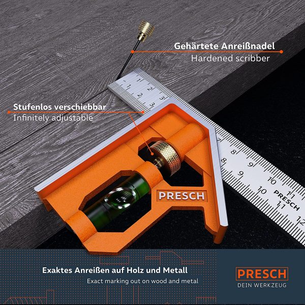 Presch Combination Square 150mm Metric ?C Accurate Universal Adjustable Carpenter Square with Stainless Metal Stop Ruler and Scribing Tool ?C Professional Measuring Tool - Image 7