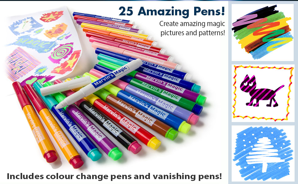Create amazing magic pictures and patterns! Includes colour change pens and vanishing pens!