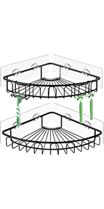 Adhesive Corner Shower Caddy Shelf with 2 Movable Hooks Wall Mounted Bathroom