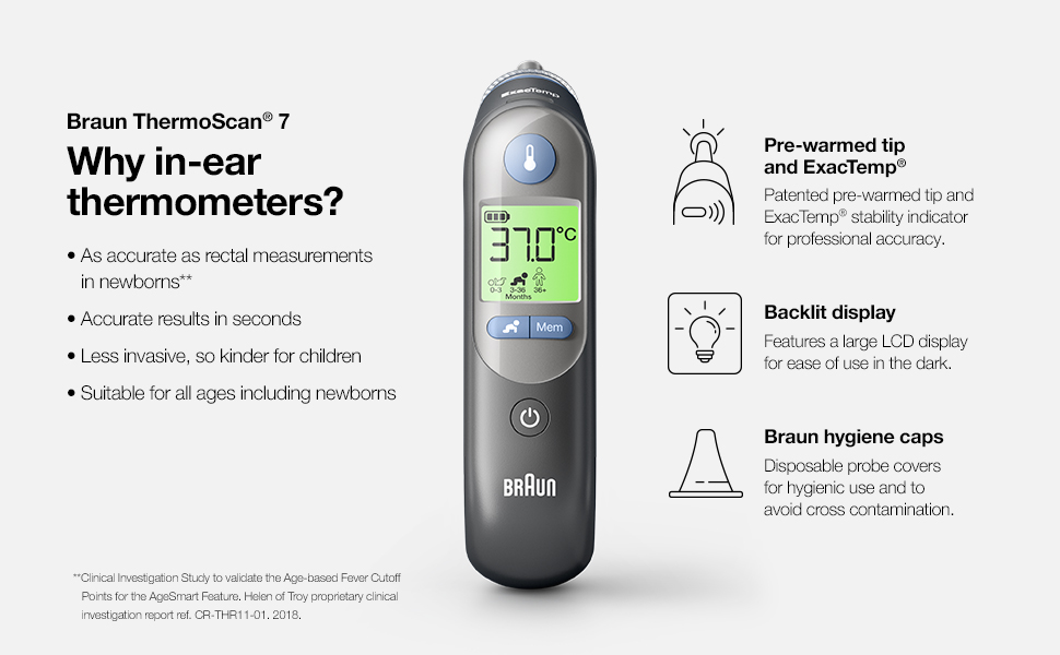 Braun; ThermoScan; Ear thermometer; age precision; fever; hygienic; clinically accurate;