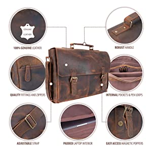 compastunning details of an antique leather bag with the modern features of a laptop bag