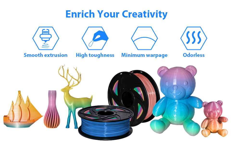 High quality filament, stronger than ordinary PLA filament. Shiny luster, good touch, easy to print.