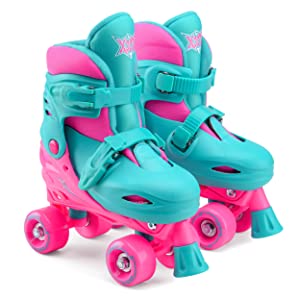 Kids quad skates in pink and blue teal girls