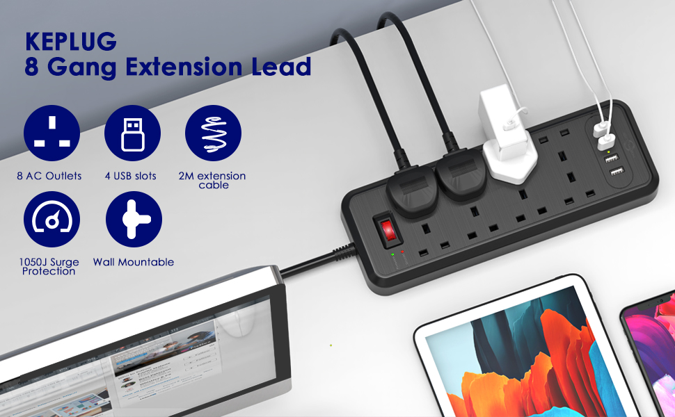 surge protected extension lead 2m extension cablebig plug extension with usb office accessories