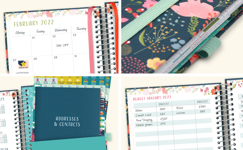 Close-ups of the month-at-a-glance pages, elastic bandeau, pen loop, address book and budget pages