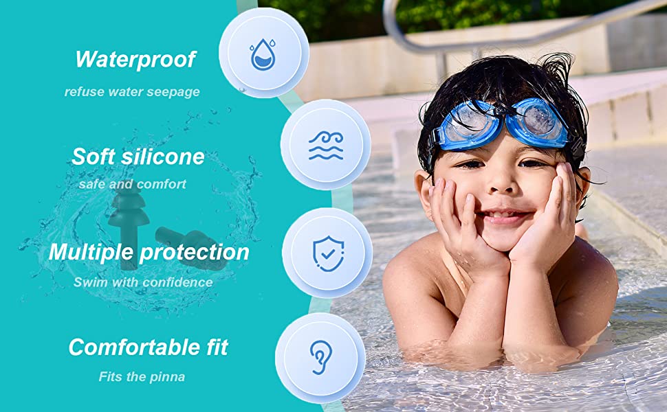 Waterproof, Soft silicone, Multiple protection Swim with confidence, Comfortable fit 