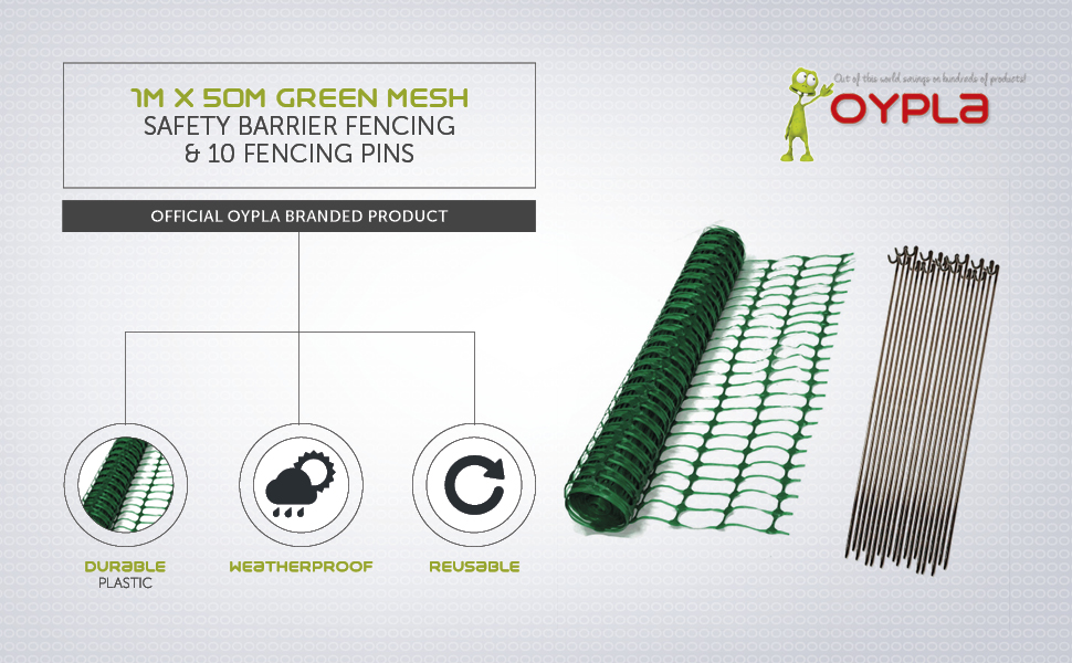 Oypla 1m x 50m Green Mesh Safety Barrier Fencing & 10 Fencing Pins