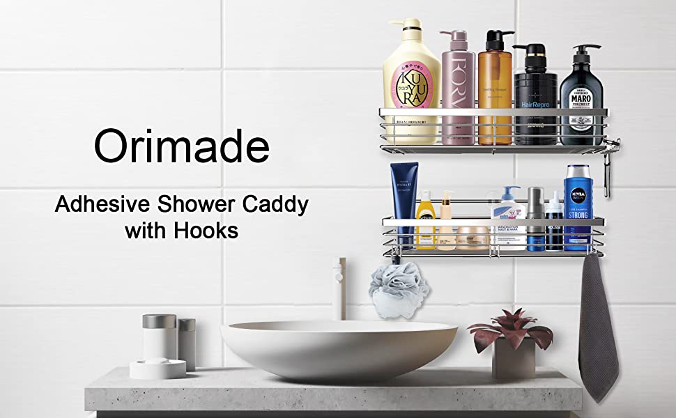 Orimade adhesive shower caddy organiser shelf with 5 hooks for bathroom no drilling stainless steel