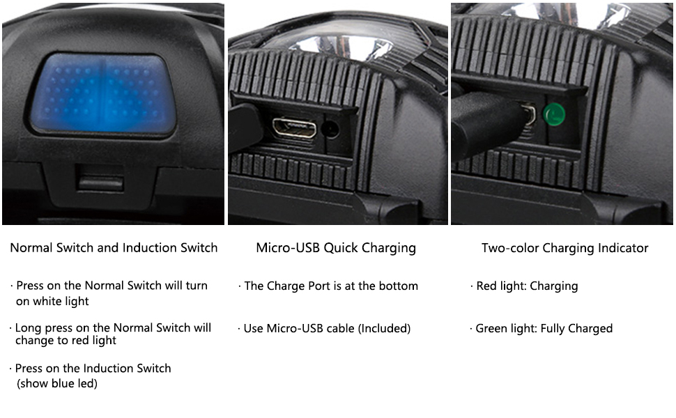 Normal and Induction Switch, Micro-USB Quick Charging, Two-color Charging Indicator