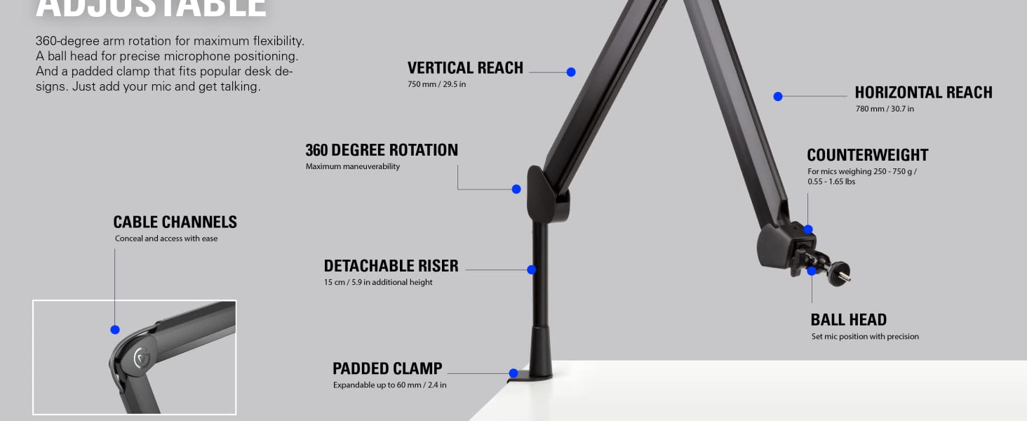 adjustable; height; free space; desktop; cable manage; rotation; length; ball head; tension; precise