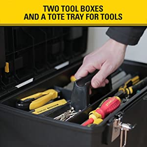 Two tool boxes and a tote tray for tools