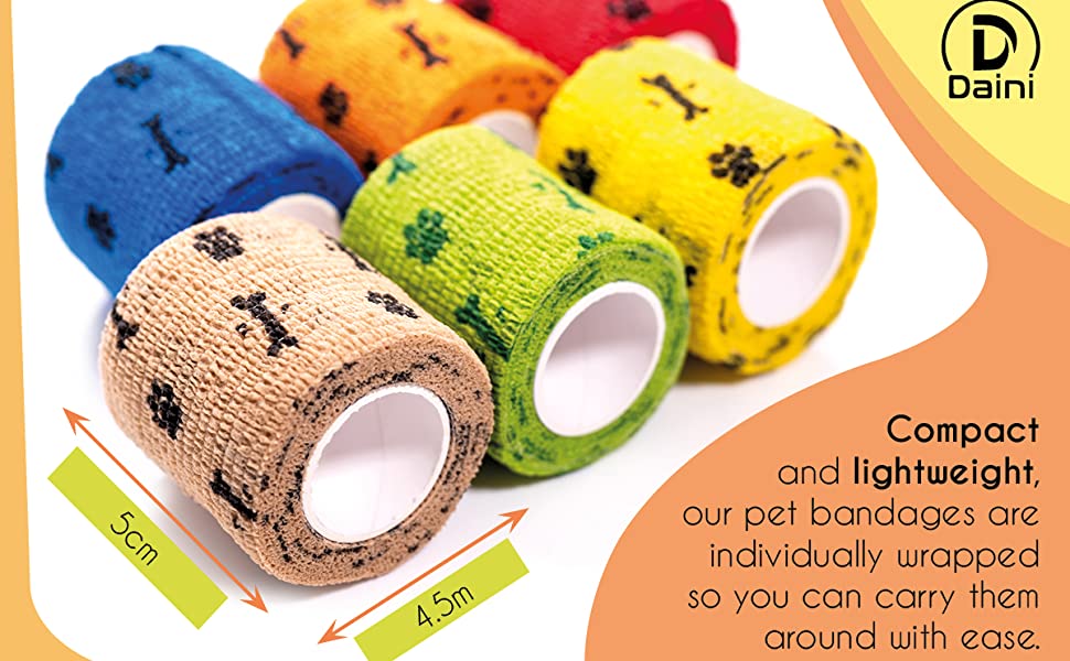 Vet Wrap 5cm x 4.5 Meters - Pack of 6 pet bandages - Compact and lightweight with assorted colours