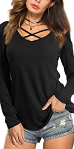 V neck criss cross tunic tops t-shirt