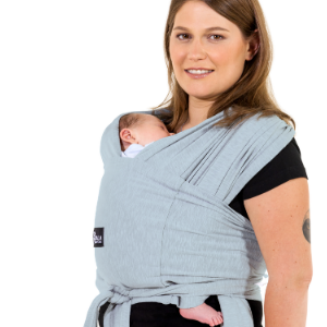 Mum smiles with daughter sleeps in the gray koala Babycare baby sling carrier 