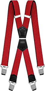 Decalen Mens Suspenders Heavy Duty with Strong Clips Big Tall Braces Adjustable Red