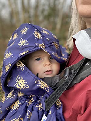 baby carrier cover with hood in navy with gold metallic bees