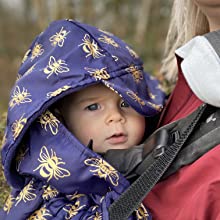 baby carrier cover with hood in navy with gold metallic bees