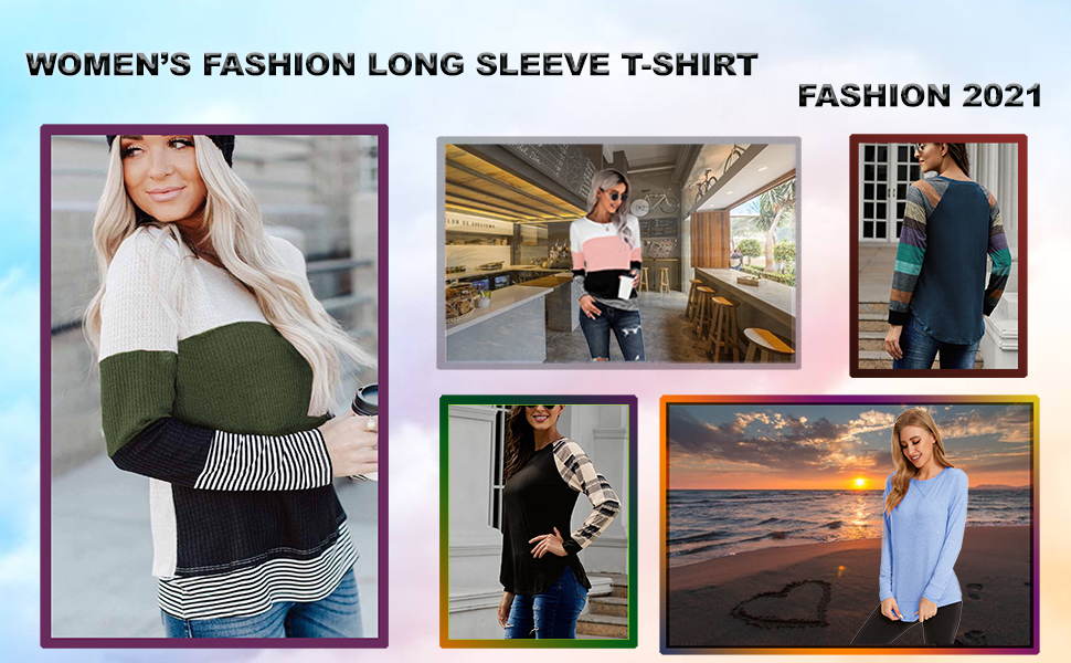 Ladies Long Sleeve Oversized T Shirt Striped Crewneck