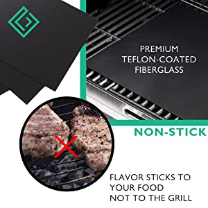 Premium Teflon coated fibreglass non stick flavor sticks to your food not to the grill