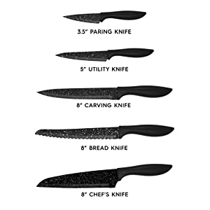 chef knife, carving knife, bread knife, utility knife, paring knife, knife block