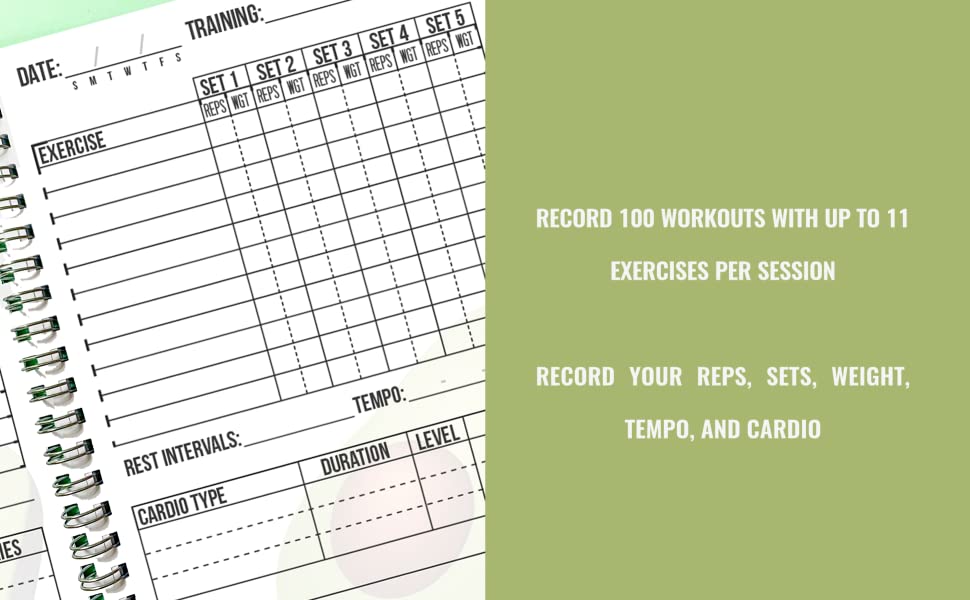 TRACK 100 WORKOUTS RECORD 11 EXERCISES 5 SETS REPS WEIGHTS TEMPO REST TRAINING DIARY AID HELP