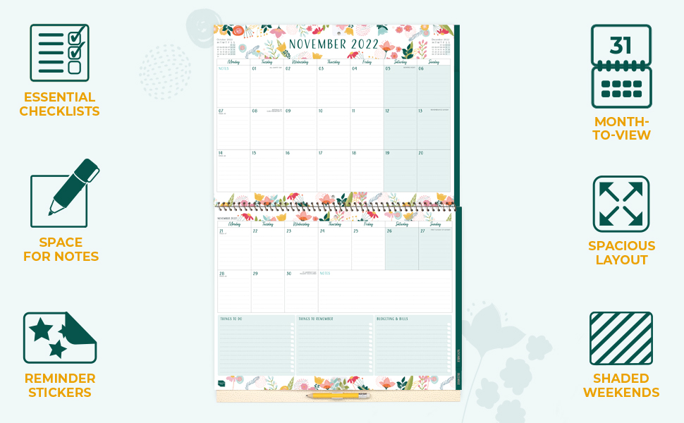 Overview of the Home Planner's month-to-view layout with space for notes and shaded weekends