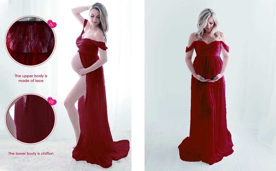 FEOYA Maxi Maternity Dress Chiffon Lace Strapless Gown Split Front for Pregnant Women Photography